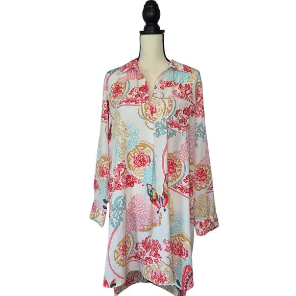 Natori Other - Natori Boho Floral Medallion Tunic Dress Split V Neck Butterfly Sleep Shirt Sz L